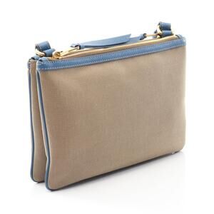Prada Leather Blue Shoulder Logo Jacquard Bag Beige Tan Canvas